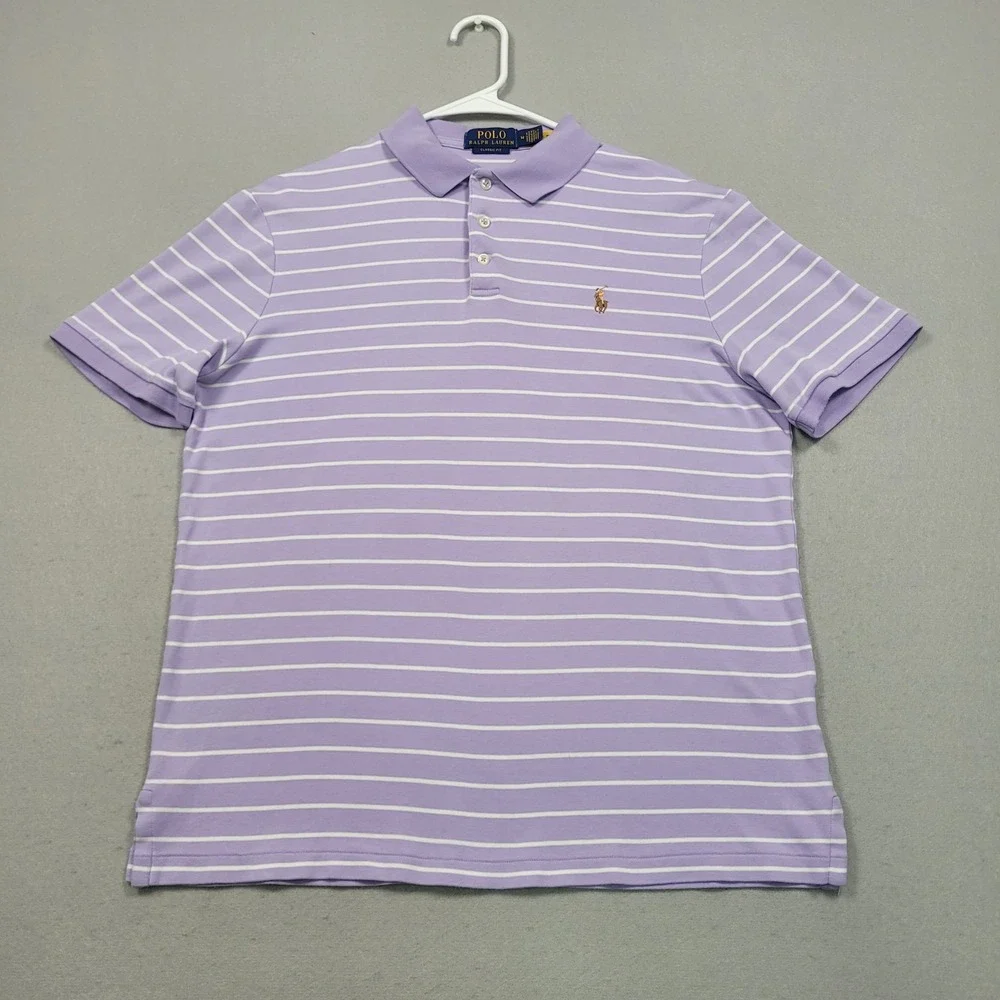 Polo Ralph Lauren Mens Medium Purple White Striped Short Sleeve Classic Fit Polo